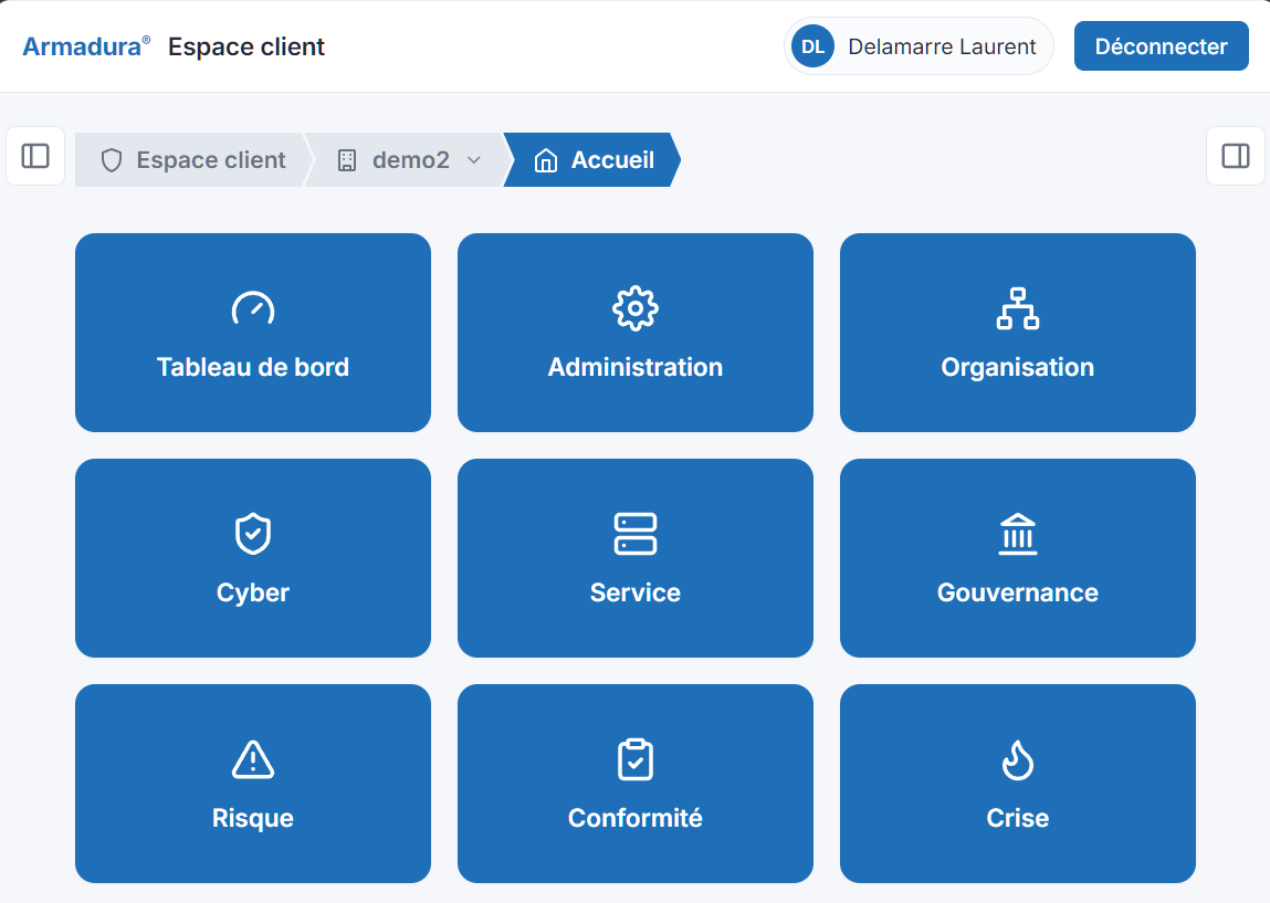 Écran d'accueil de l'Espace client Armadura® : les grandes fonctions réunies sur un seul écran.