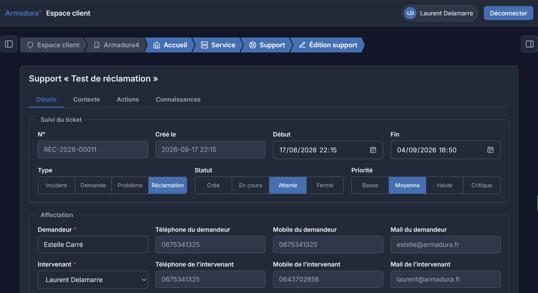Un ticket de support : suivi, priorité, affectation